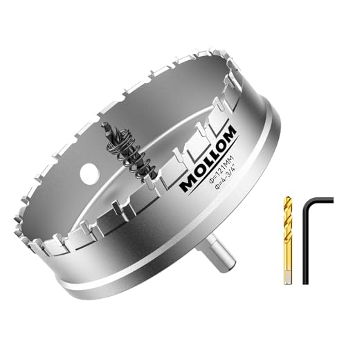Mollom (121mm | 4-3/4'') Lochsäge T.C.T Schwerlast-Hartmetall-bestückt mit 2 Führungsbohrern für Edelstahl, Baustahl, Eisen, Kupfer, Messing, Kunststoff von Mollom