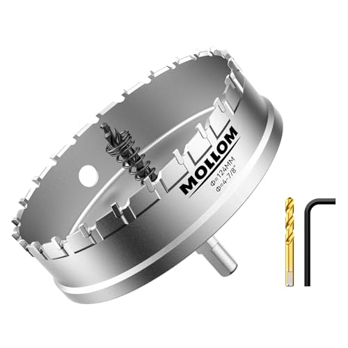 Mollom (124mm | 4-7/8'') Lochsäge T.C.T Schwerlast-Hartmetall-bestückt mit 2 Führungsbohrern für Edelstahl, Baustahl, Eisen, Kupfer, Messing, Kunststoff von Mollom