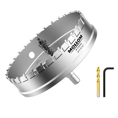 Mollom (135mm | 5-5/16'') Lochsäge T.C.T Schwerlast-Hartmetall-bestückt mit 2 Führungsbohrern für Edelstahl, Baustahl, Eisen, Kupfer, Messing, Kunststoff von Mollom