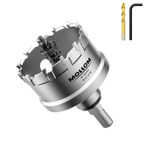Mollom (56mm | 2-3/16'') Lochsäge T.C.T Schwerlast-Hartmetall-bestückt mit 2 Führungsbohrern für Edelstahl, Baustahl, Eisen, Kupfer, Messing, Kunststoff von Mollom