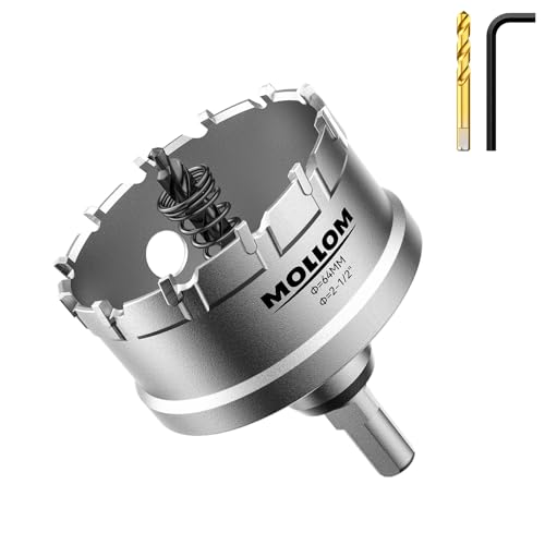 Mollom (64mm | 2-1/2'') Lochsäge T.C.T Schwerlast-Hartmetall-bestückt mit 2 Führungsbohrern für Edelstahl, Baustahl, Eisen, Kupfer, Messing, Kunststoff von Mollom