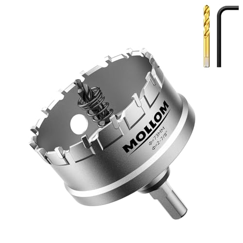 Mollom (73mm | 2-7/8'') Lochsäge T.C.T Schwerlast-Hartmetall-bestückt mit 2 Führungsbohrern für Edelstahl, Baustahl, Eisen, Kupfer, Messing, Kunststoff von Mollom