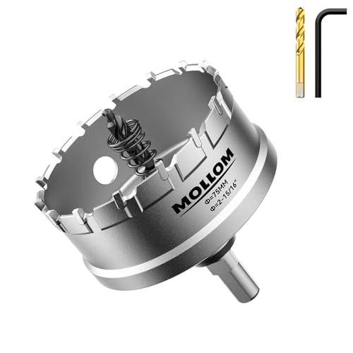 Mollom (75mm | 2-15/16'') Lochsäge T.C.T Schwerlast-Hartmetall-bestückt mit 2 Führungsbohrern für Edelstahl, Baustahl, Eisen, Kupfer, Messing, Kunststoff von Mollom