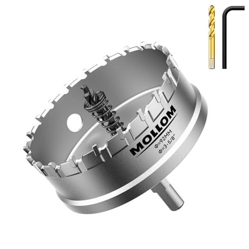 Mollom (92mm | 3-5/8") Lochsäge T.C.T Schwerlast-Hartmetall-bestückt mit 2 Führungsbohrern für Edelstahl, Baustahl, Eisen, Kupfer, Messing, Kunststoff von Mollom