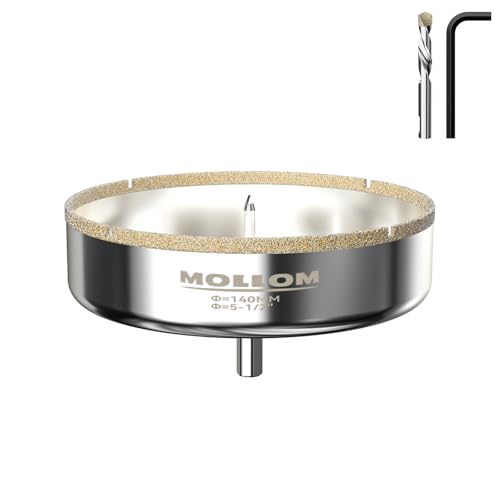 Mollom 140mm (5-1/2") Diamant-Lochsäge mit 2 abnehmbaren Pilotbohrern für glattes Schneiden von Porzellanfliesen, Glas, Keramik, Marmor, Glasfaser usw von Mollom