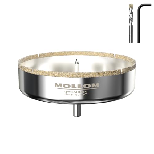Mollom 160mm (6-5/16") Diamant-Lochsäge mit 2 abnehmbaren Pilotbohrern für glattes Schneiden von Porzellanfliesen, Glas, Keramik, Marmor, Glasfaser usw von Mollom