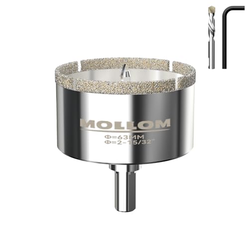 Mollom 63mm (2-15/32") Diamant-Lochsäge mit 2 abnehmbaren Pilotbohrern für glattes Schneiden von Porzellanfliesen, Glas, Keramik, Marmor, Glasfaser usw von Mollom