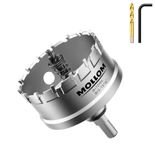 Mollom (72mm | 2-13/16'') Lochsäge T.C.T Schwerlast-Hartmetall-bestückt mit 2 Führungsbohrern für Edelstahl, Baustahl, Eisen, Kupfer, Messing, Kunststoff von Mollom