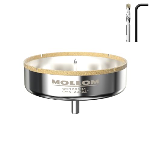 Mollom Diamantbohrer, 120mm (4-23/32") Diamant-Lochsäge mit 2 Zentrierbohrer für glattes Schneiden von Porzellanfliesen, Glas, Keramik, Marmor, Glasfaser usw von Mollom