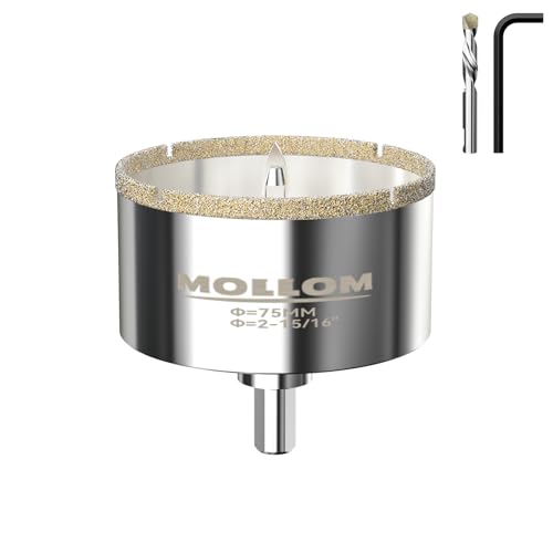Mollom Diamantbohrer, 75mm (2-15/16") Diamant-Lochsäge mit 2 Zentrierbohrer für glattes Schneiden von Porzellanfliesen, Glas, Keramik, Marmor, Glasfaser usw von Mollom