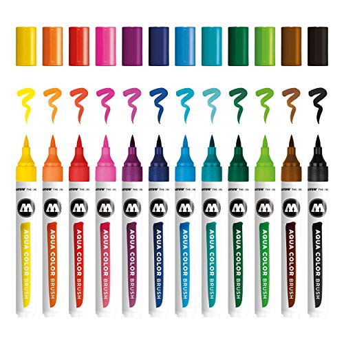 Molotow Aqua Color Brush (Brush Pen Marker Basic-Set 1, Pinsel Spitze für Aquarellieren und Handlettering) 12 Stück sortiert von Molotow