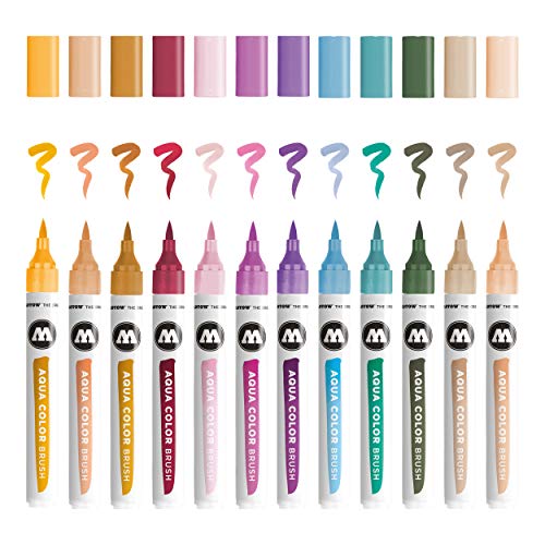 Molotow Aqua Color Brush (Brush Pen Marker Basic-Set 2, Pinsel Spitze für Aquarellieren und Handlettering) 12 Stück sortiert von Molotow