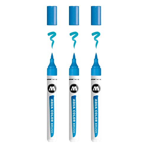 Molotow Aqua Color Brush (Brush Pen Marker auf Wasserbasis, Pinsel Spitze für Aquarellieren und Handlettering) 3 Stück Farbe 012 cyan von Molotow