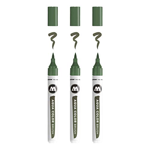 Molotow Aqua Color Brush (Brush Pen Marker auf Wasserbasis, Pinsel Spitze für Aquarellieren und Handlettering) 3 Stück Farbe 050 olive von Molotow