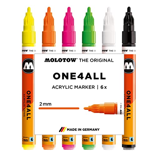 Molotow One4All 127HS Acryl Marker Neon-Set (2,0 mm Strichstärke, hochdeckend und permanent, UV-beständig, für fast alle Untergründe) 6 Stück sortiert von Molotow