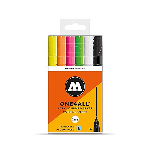 Molotow One4All 127HS Acryl Marker Neon-Set (2,0 mm Strichstärke, hochdeckend und permanent, UV-beständig, für fast alle Untergründe) 6 Stück sortiert von Molotow