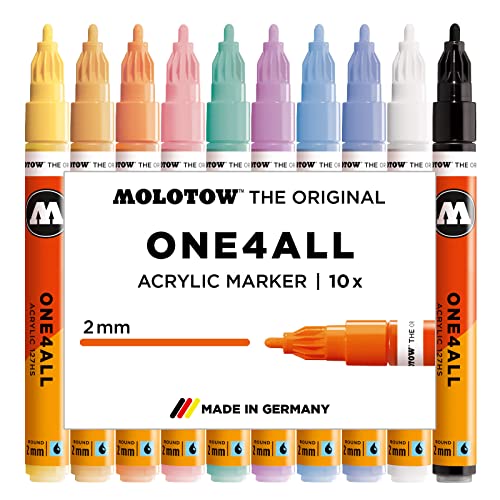 Molotow One4All 127HS Acryl Marker Pastel-Set (2,0 mm Strichstärke, hochdeckend und permanent, UV-beständig, für fast alle Untergründe) 10 Stück sortiert von Molotow