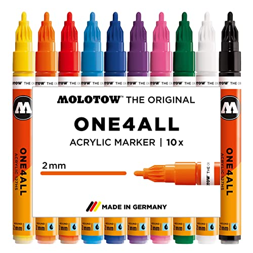 Molotow One4All 127HS Acryl Marker Basic-Set 1 (2,0 mm Strichstärke, hochdeckend und permanent, UV-beständig, für fast alle Untergründe) 10 Stück sortiert von Molotow