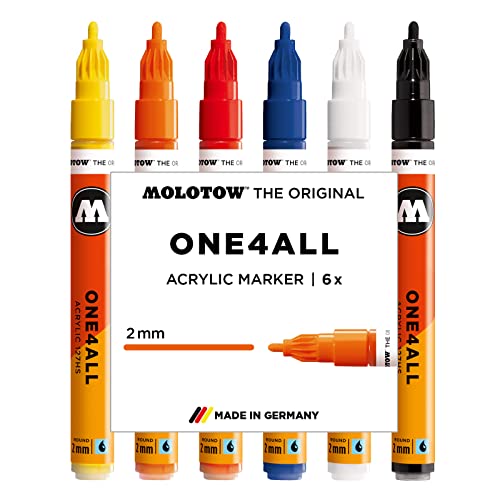 Molotow One4All 127HS Acryl Marker Basic-Set 1 (2,0 mm Strichstärke, hochdeckend und permanent, UV-beständig, für fast alle Untergründe) 6 Stück sortiert, weiß von Molotow