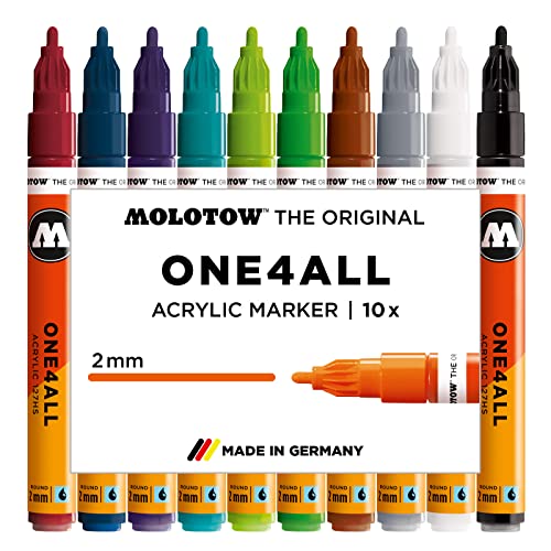 Molotow One4All 127HS Acryl Marker Basic-Set 2 (2,0 mm Strichstärke, hochdeckend und permanent, UV-beständig, für fast alle Untergründe) 10 Stück sortiert von Molotow