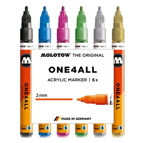 Molotow One4All 127HS Acryl Marker Metallic-Set (2,0 mm Strichstärke, hochdeckend und permanent, UV-beständig, für fast alle Untergründe) 6 Stück sortiert von Molotow