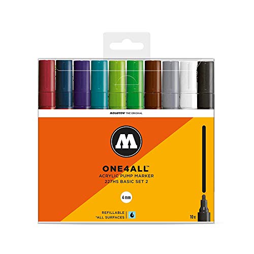 Molotow One4All 227HS Acryl Marker Basic-Set 2 (4,0 mm Strichstärke, hochdeckend und permanent, UV-beständig, für fast alle Untergründe) 10 Stück sortiert von Molotow