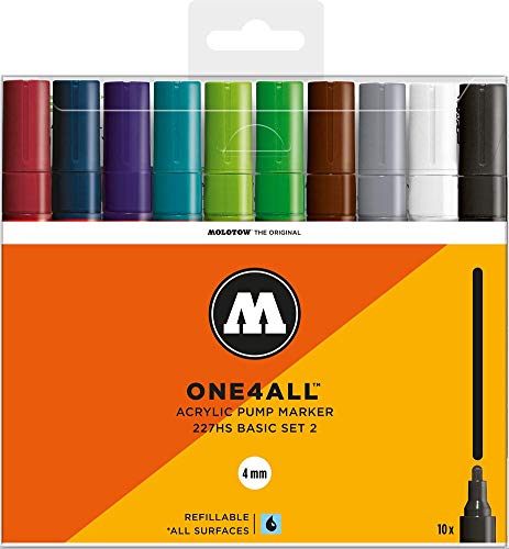 Molotow One4All 227HS Acryl Marker Basic-Set 2 (4,0 mm Strichstärke, hochdeckend und permanent, UV-beständig, für fast alle Untergründe) 10 Stück sortiert von Molotow