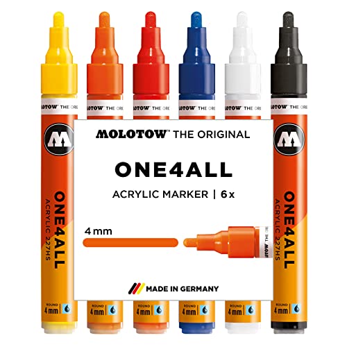 Molotow One4All 227HS Acryl Marker Basic-Set 1 (4,0 mm Strichstärke, hochdeckend und permanent, UV-beständig, für fast alle Untergründe) 6 Stück sortiert von Molotow