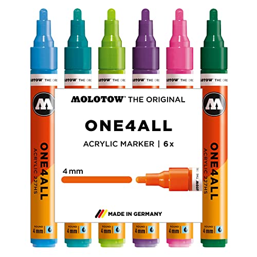 Molotow One4All 227HS Acryl Marker Basic-Set 2 (4,0 mm Strichstärke, hochdeckend und permanent, UV-beständig, für fast alle Untergründe) 6 Stück sortiert von Molotow