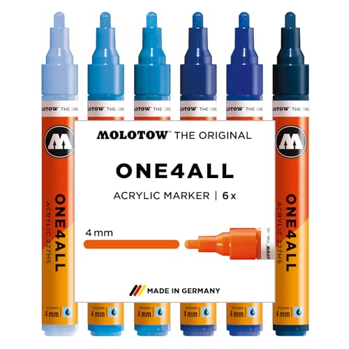 Molotow One4All 227HS Acryl Marker Blue Set (4,0 mm Strichstärke, hochdeckend und permanent, schnell trocknend, nachfüllbar, für fast alle Untergründe) 6 Stück sortiert von Molotow