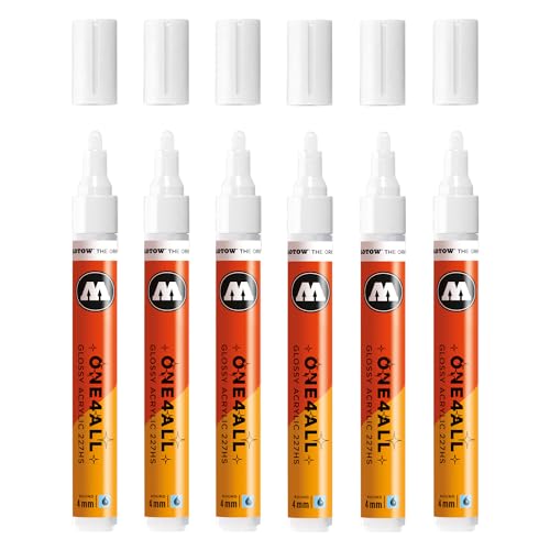 Molotow One4All 227HS Acryl Marker Glossy (4,0 mm Strichstärke, hochglanz, hochdeckend und permanent, schnell trocknend, nachfüllbar, für fast alle Untergründe) 6 Stück Farbe 251 glossy white von Molotow
