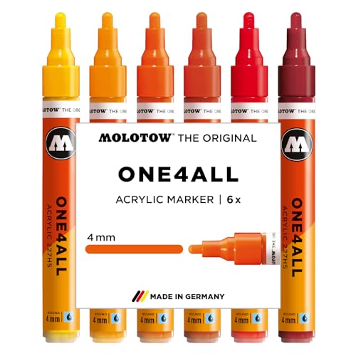 Molotow One4All 227HS Acryl Marker Hot Set (4,0 mm Strichstärke, hochdeckend und permanent, schnell trocknend, nachfüllbar, für fast alle Untergründe) 6 Stück sortiert von Molotow