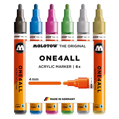 Molotow One4All 227HS Acryl Marker Metallic-Set (4,0 mm Strichstärke, hochdeckend und permanent, UV-beständig, für fast alle Untergründe) 6 Stück sortiert, 1 Stück (6er Pack) von Molotow