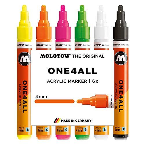 Molotow One4All 227HS Acryl Marker Neon-Set (4,0 mm Strichstärke, hochdeckend und permanent, UV-beständig, für fast alle Untergründe) 6 Stück sortiert von Molotow