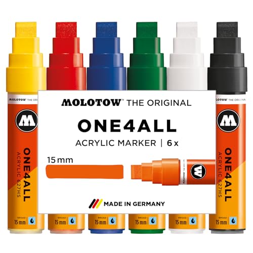 Molotow One4All 627HS Acryl Marker Basic Set 1 (15,0 mm Strichstärke, hochdeckend und permanent, schnell trocknend, nachfüllbar, für fast alle Untergründe) 6 Stück sortiert von Molotow