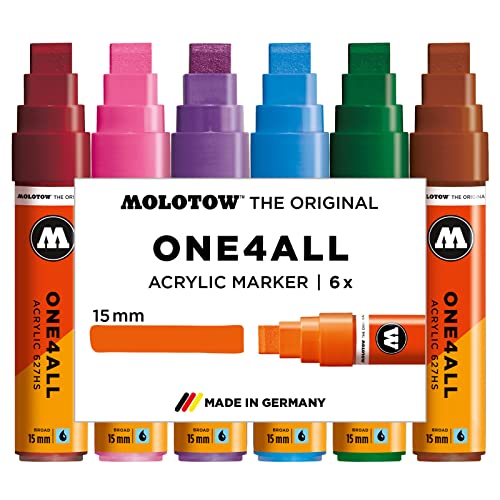 Molotow One4All 627HS Acryl Marker Basic-Set 2 (15,0 mm Strichstärke, Blockspitze, hochdeckend und permanent, UV-beständig, für fast alle Untergründe) 6 Stück sortiert von Molotow
