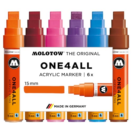 Molotow One4All 627HS Acryl Marker Basic Set 2 (15,0 mm Strichstärke, hochdeckend und permanent, schnell trocknend, nachfüllbar, für fast alle Untergründe) 6 Stück sortiert von Molotow