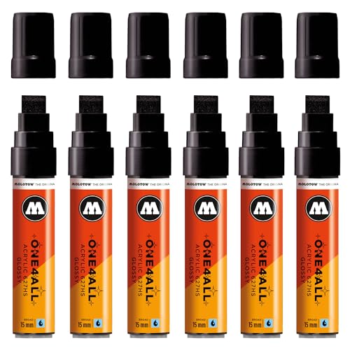 Molotow One4All 627HS Acryl Marker Glossy (15,0 mm Strichstärke, hochglanz, hochdeckend und permanent, schnell trocknend, nachfüllbar, für fast alle Untergründe) 6 Stück Farbe 252 glossy black von Molotow