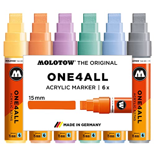 Molotow One4All 627HS Acryl Marker Pastell-Set (15,0 mm Strichstärke, Blockspitze, hochdeckend und permanent, UV-beständig, für fast alle Untergründe) 6 Stück sortiert von Molotow