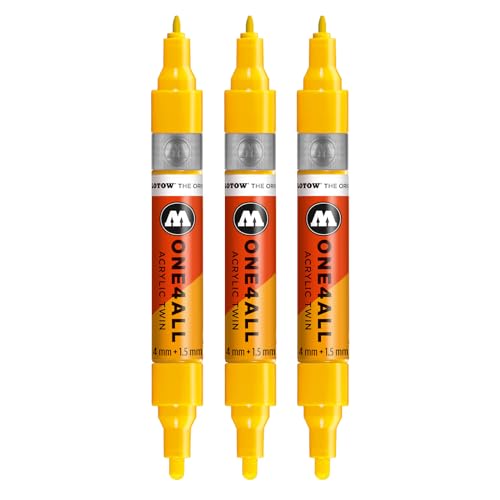 Molotow One4All Acrylic Twin Marker (1,5 und 4,0 mm Strichstärke, hochdeckend und permanent, schnell trocknend, nachfüllbar, für fast alle Untergründe) 3 Stück Farbe 239 signalgelb von Molotow