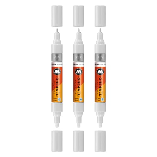 Molotow One4All Acrylic Twin Marker (1,5 und 4,0 mm Strichstärke, hochdeckend und permanent, schnell trocknend, nachfüllbar, für fast alle Untergründe) 3 Stück Farbe 251 glossy white von Molotow
