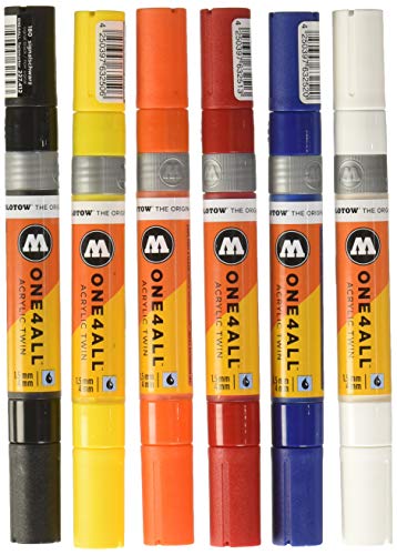 Molotow One4All Acrylic Twin Marker Basic-Set 1 (Strichstärke 1,5 mm und 4,0 mm, hochdeckend und permanent, UV-beständig, für fast alle Untergründe) 6 Stück sortiert von Molotow