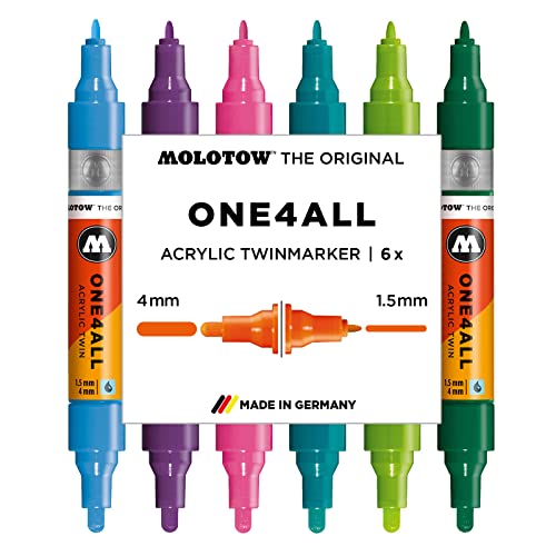 Molotow One4All Acrylic Twin Marker Basic-Set 2 (Strichstärke 1,5 mm und 4,0 mm, hochdeckend und permanent, UV-beständig, für fast alle Untergründe) 6 Stück sortiert von Molotow