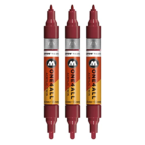 Molotow One4All Acrylic Twin Marker (Strichstärke 1,5 mm und 4 mm, hochdeckend und permanent) 3 Stück Farbe 086 burgund rot von Molotow