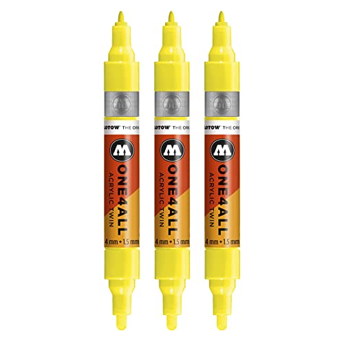 Molotow One4All Acrylic Twin Marker (Strichstärke 1,5 mm und 4 mm, hochdeckend und permanent) 3 Stück Farbe 220 neon gelb floureszierend von Molotow