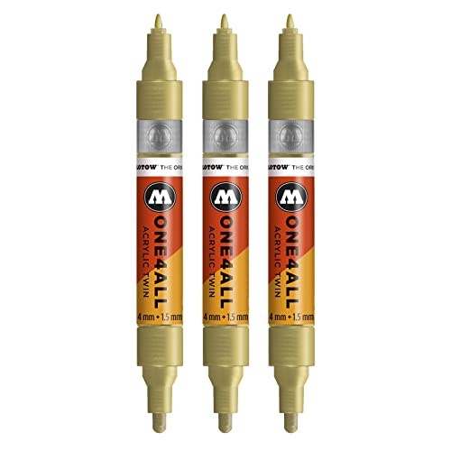 Molotow One4All Acrylic Twin Marker (Strichstärke 1,5 mm und 4 mm, hochdeckend und permanent) 3 Stück Farbe 228 metallic gold von Molotow