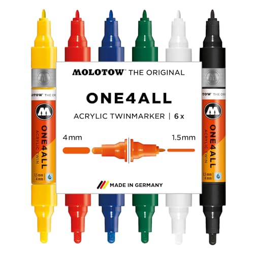 Molotow One4All Acrylic Twin Marker Basic Set 1 (1,5 und 4,0 mm Strichstärke, hochdeckend und permanent, schnell trocknend, nachfüllbar, für fast alle Untergründe) 6 Stück sortiert von Molotow