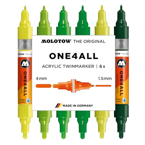 Molotow One4All Acrylic Twin Marker Green Set (1,5 und 4,0 mm Strichstärke, hochdeckend und permanent, schnell trocknend, nachfüllbar, für fast alle Untergründe) 6 Stück sortiert von Molotow