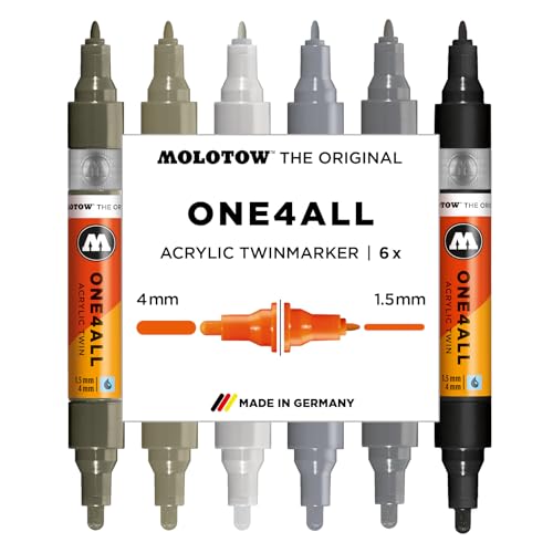 Molotow One4All Acrylic Twin Marker Grey Set (1,5 und 4,0 mm Strichstärke, hochdeckend und permanent, schnell trocknend, nachfüllbar, für fast alle Untergründe) 6 Stück sortiert von Molotow