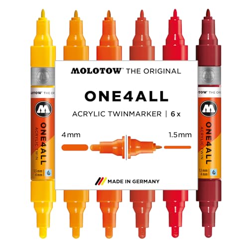 Molotow One4All Acrylic Twin Marker Hot Set (1,5 und 4,0 mm Strichstärke, hochdeckend und permanent, schnell trocknend, nachfüllbar, für fast alle Untergründe) 6 Stück sortiert von Molotow